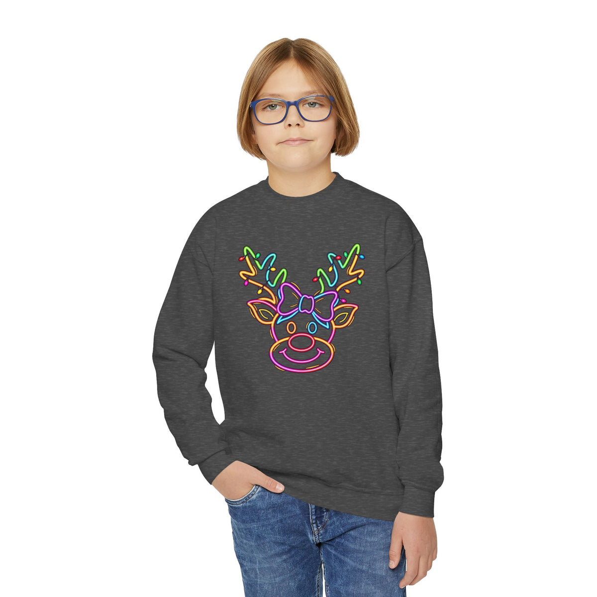 Youth Crewneck Sweatshirt with Neon Reindeer Christmas Design