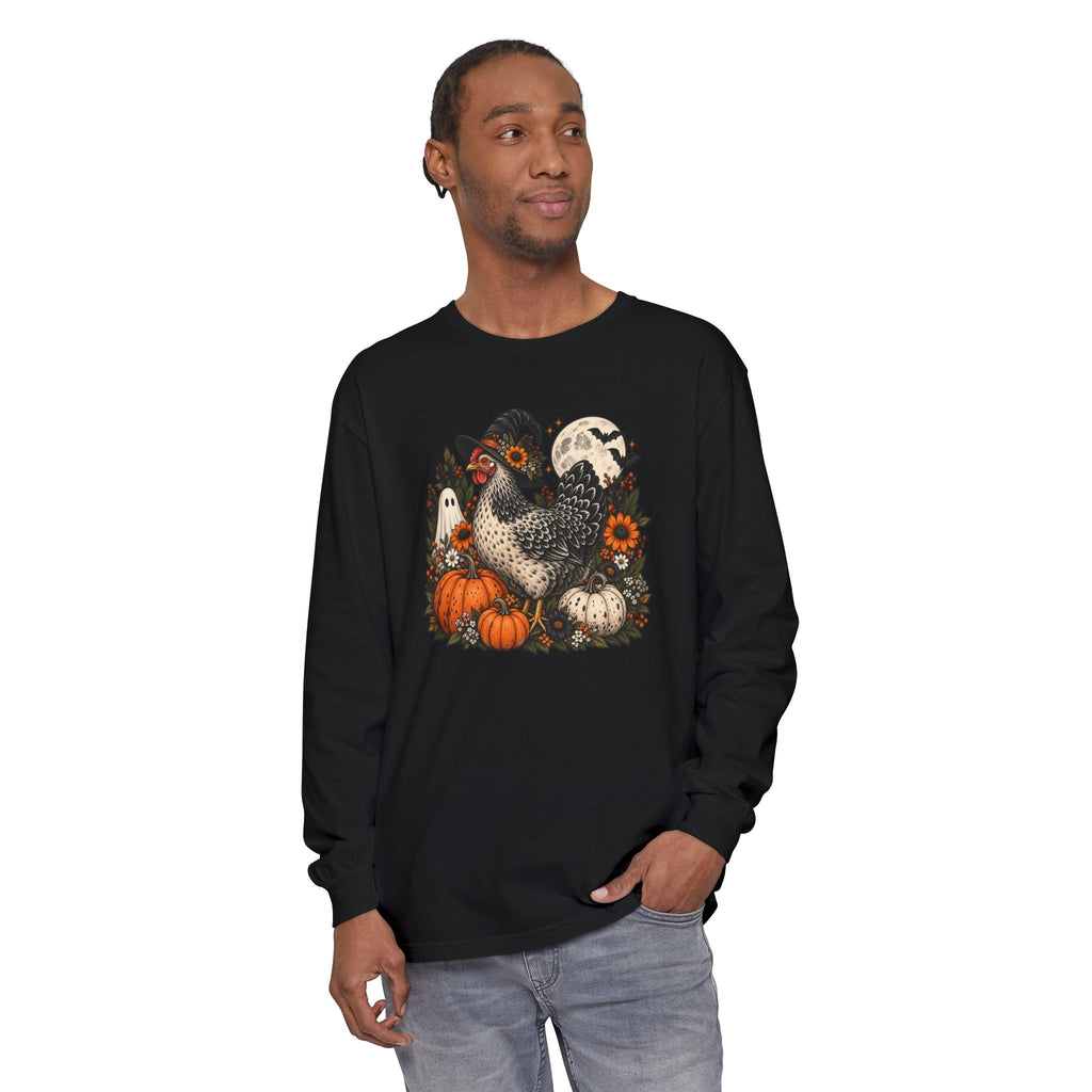 Halloween Chicken Tee — Witch Hat Chicken with Pumpkins & Ghosts Long Sleeve Shirt