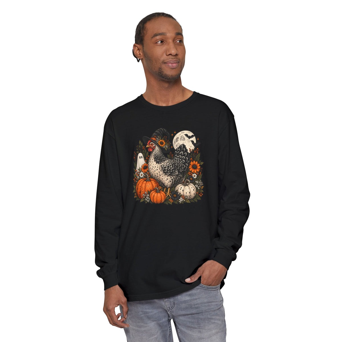 Halloween Chicken Tee — Witch Hat Chicken with Pumpkins & Ghosts Long Sleeve Shirt