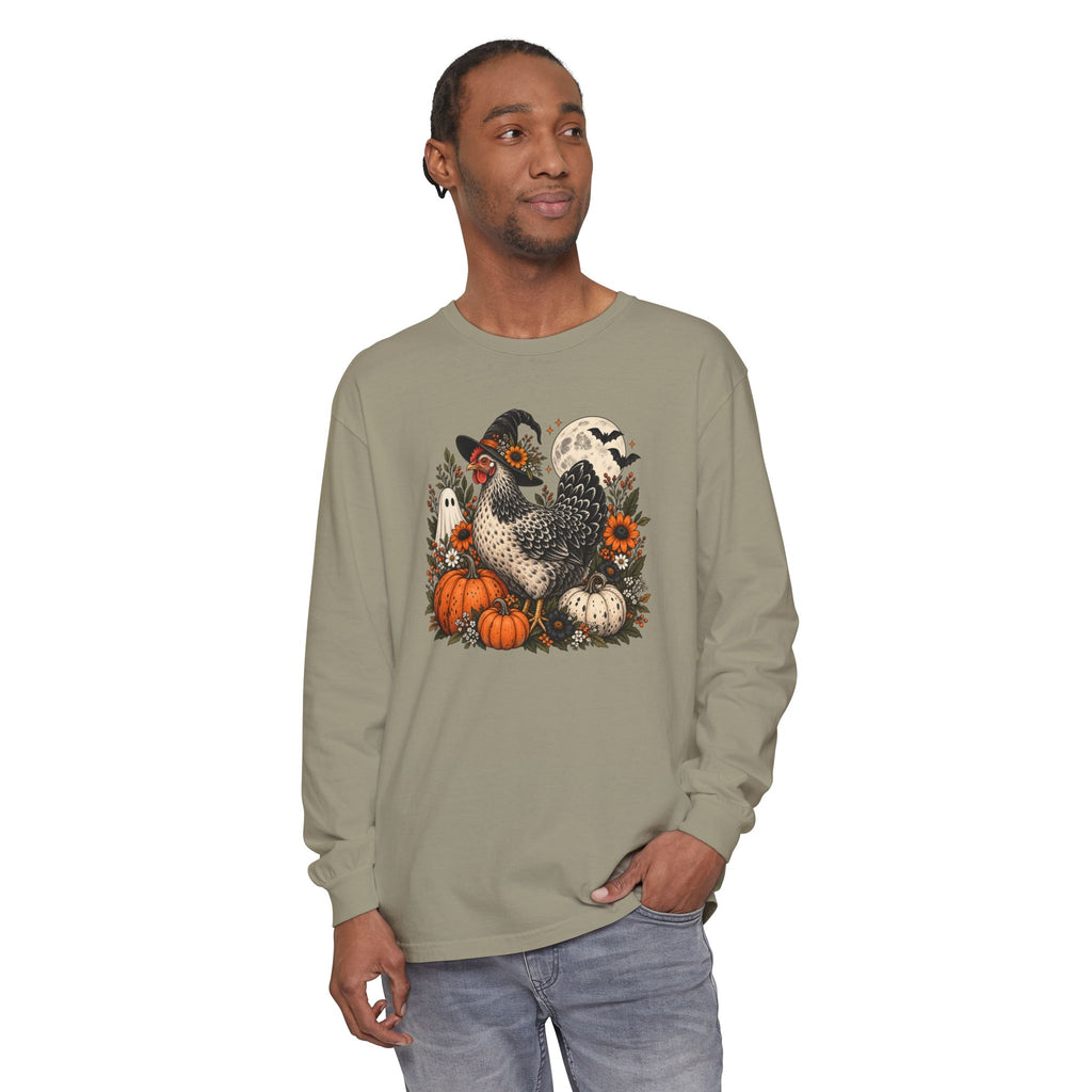 Halloween Chicken Tee — Witch Hat Chicken with Pumpkins & Ghosts Long Sleeve Shirt
