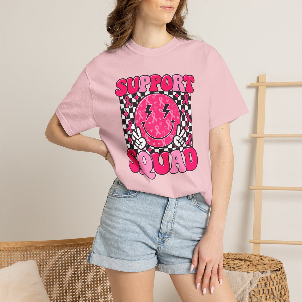 Support Squad T-Shirt — Pink Smiley Checkerboard Graphic Tee
