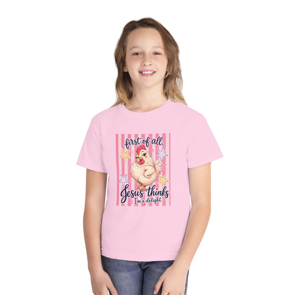 Youth Tee — "First of All, Jesus Thinks I’m a Delight" Cute Chick Christian Kids Shirt