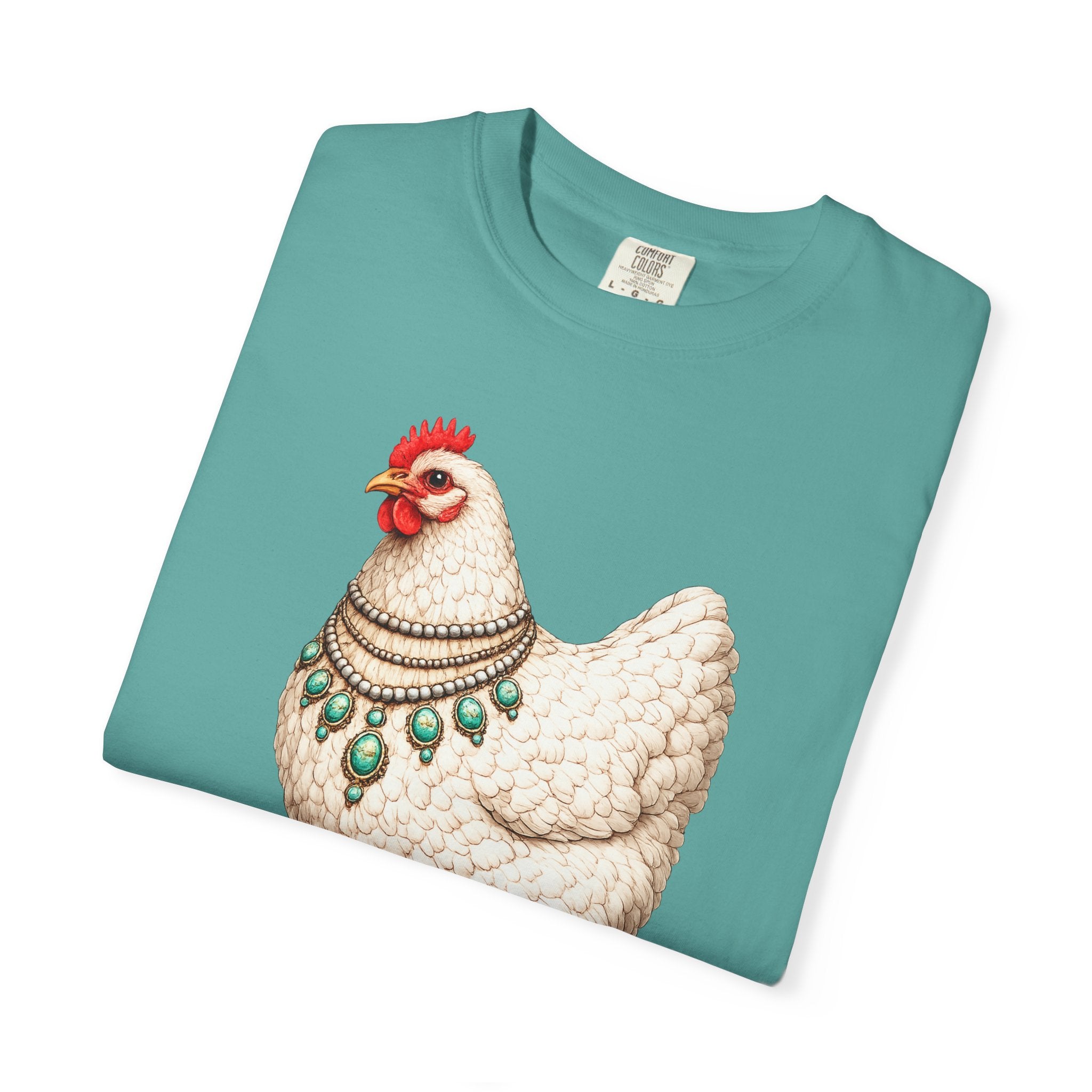 Chicken Illustration T-Shirt — Vintage Hen with Turquoise Necklace Tee