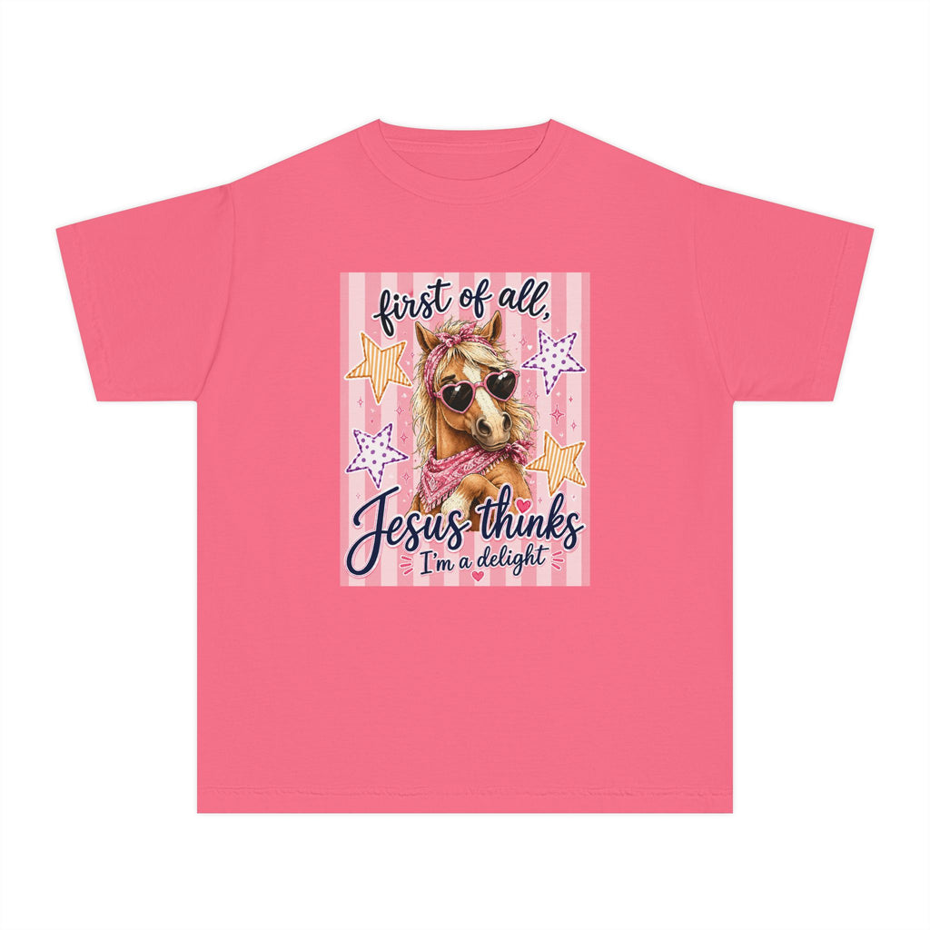 Youth Tee - "First of All, Jesus Thinks I’m a Delight" Pink Horse Graphic