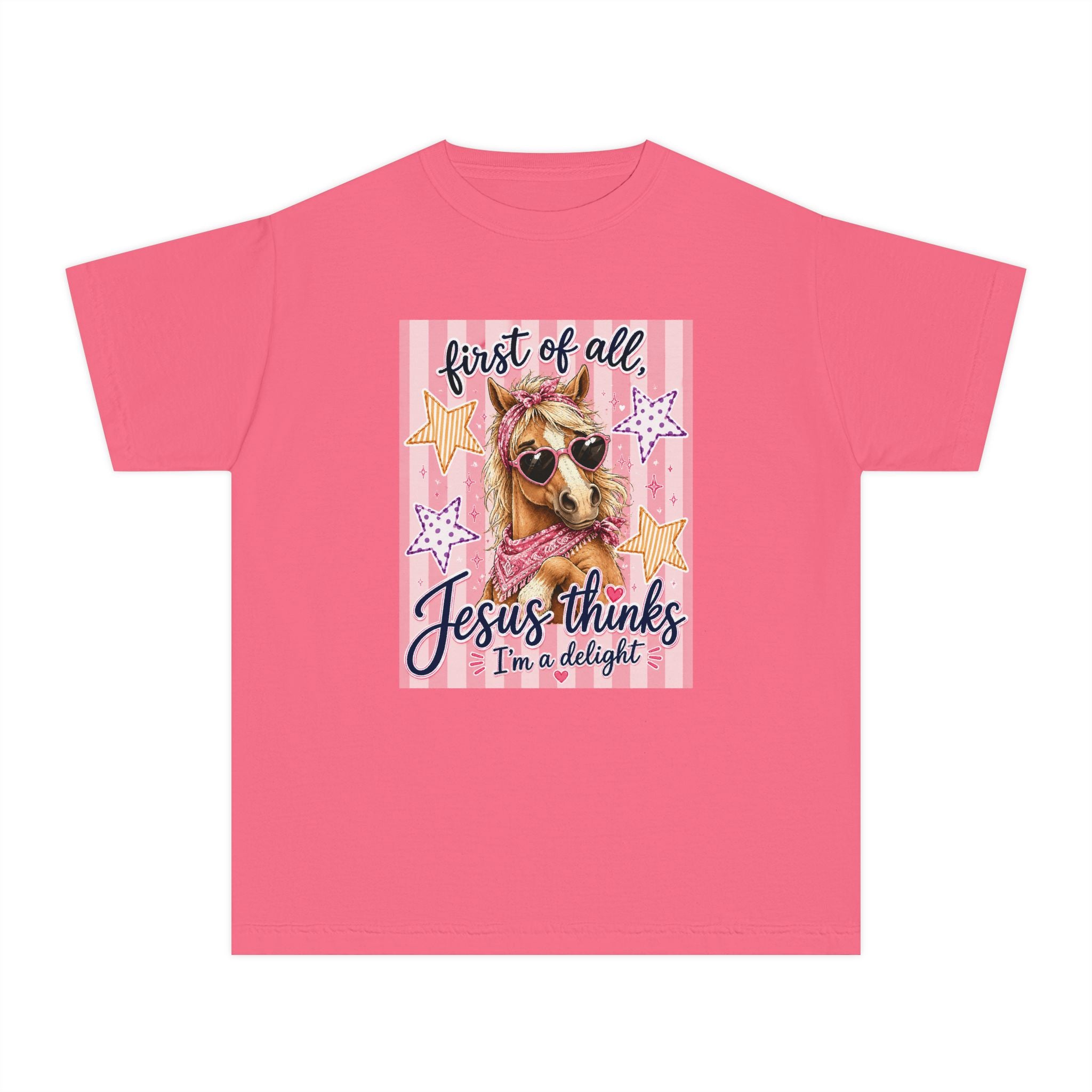 Youth Tee - "First of All, Jesus Thinks I’m a Delight" Pink Horse Graphic