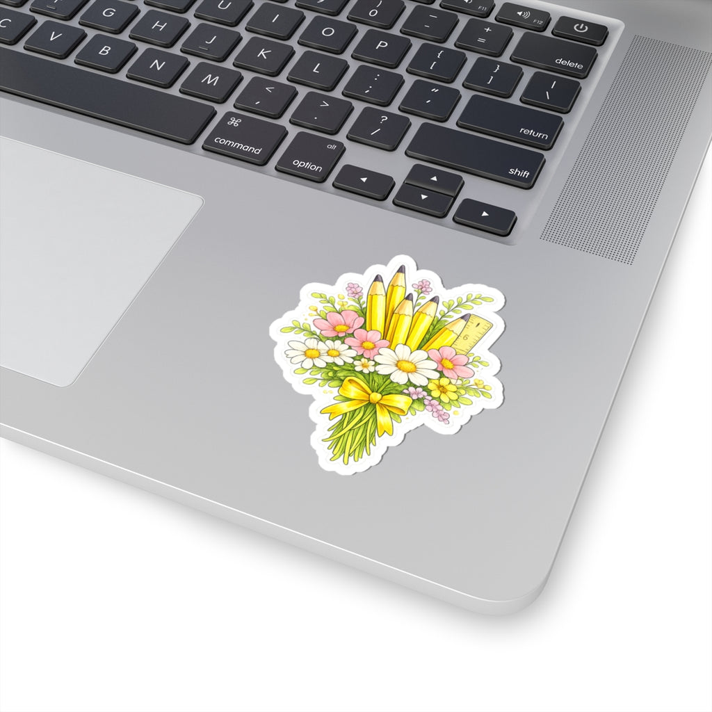 Teacher Bouquet Kiss-Cut Sticker — Yellow Pencil & Ruler Floral Sticker