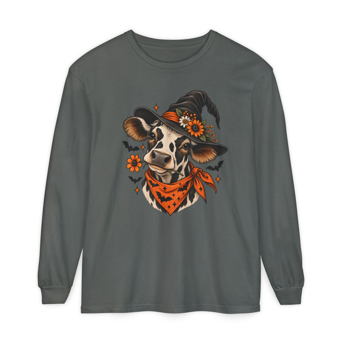 Halloween Witch Cow Long Sleeve Tee — Witchy Cow with Bats & Autumn Florals