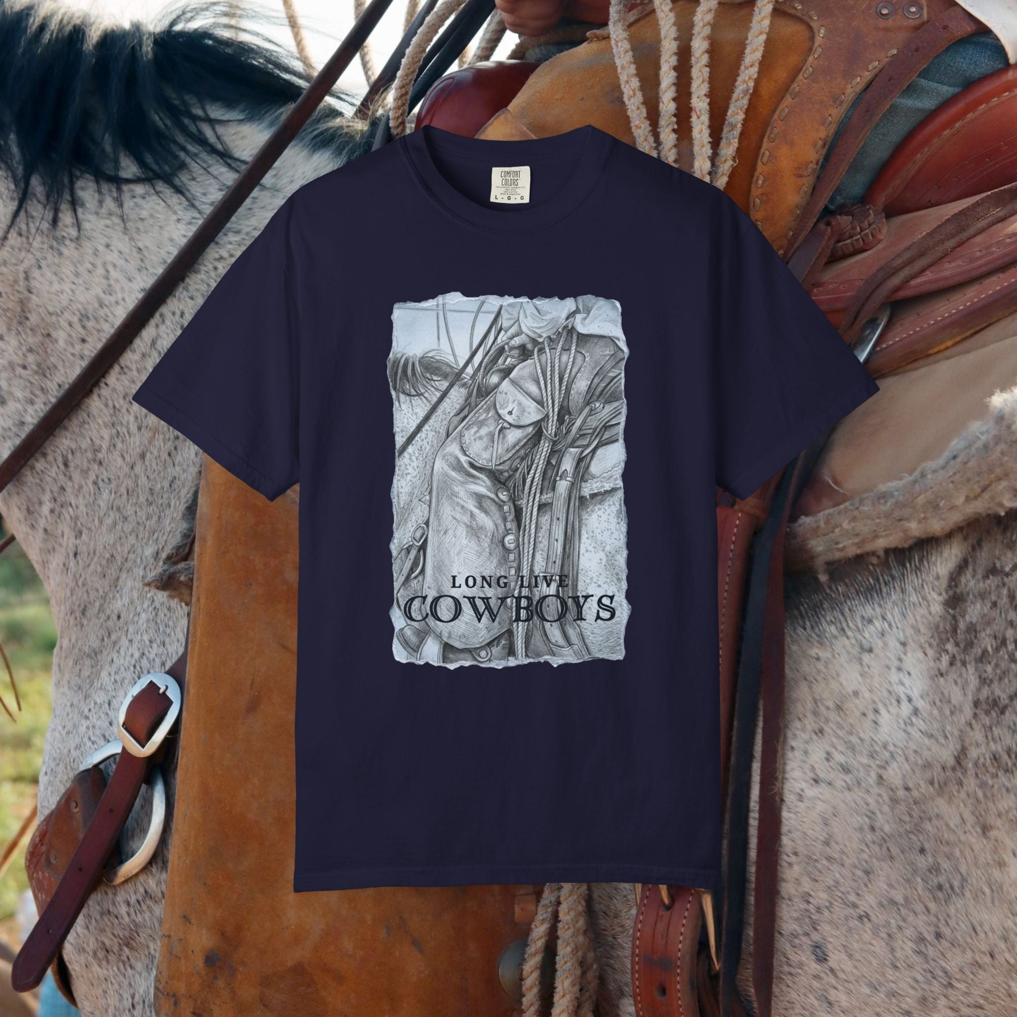 Long Live Cowboys Graphic Tee | Original Western Photography Sketch Shirt | Unisex Garment-Dyed T-Shirt