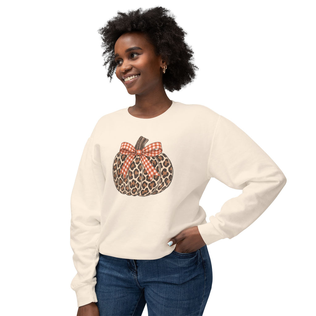 Leopard Pumpkin Crewneck Sweatshirt - Fall Plaid Bow Autumn Pullover