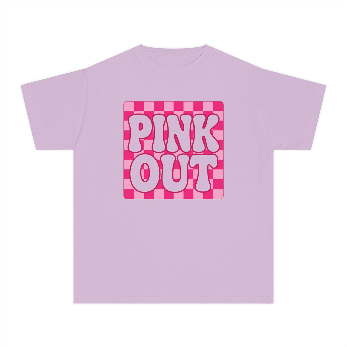 Youth Tee — "PINK OUT" Pink Check Graphic Tee for Kids (Breast Cancer Awareness, Pink Out Events)