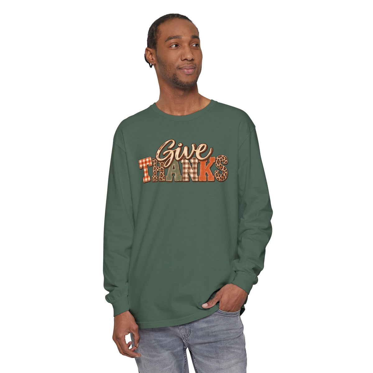 Give Thanks Long Sleeve Shirt — Thanksgiving Plaid & Leopard Graphic