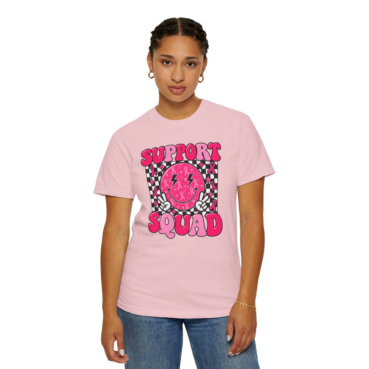 Support Squad T-Shirt — Pink Smiley Checkerboard Graphic Tee
