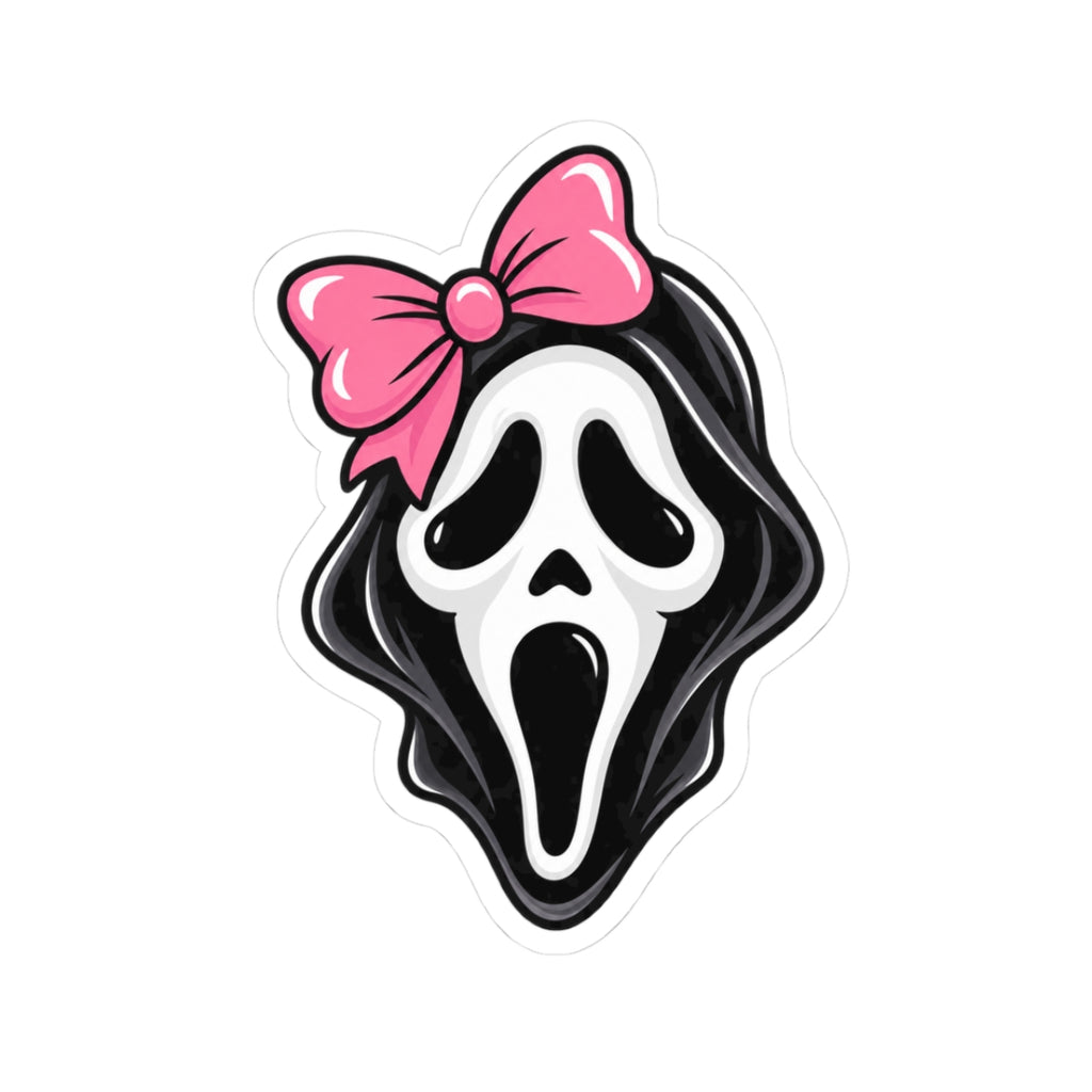 Scream Mask Sticker — Cute Horror Kiss-Cut Decal with Pink Bow