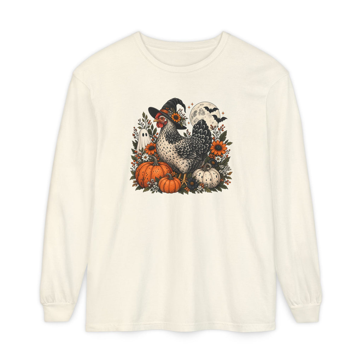Halloween Chicken Tee — Witch Hat Chicken with Pumpkins & Ghosts Long Sleeve Shirt