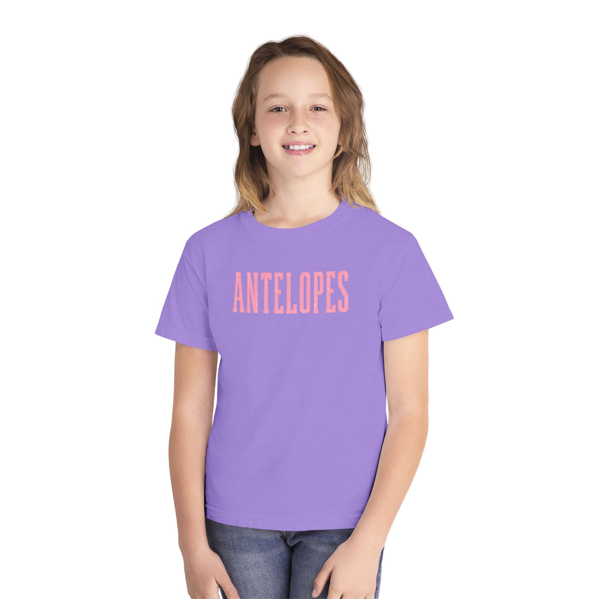 Youth Tee – 'Antelopes' Pink Lettering Charcoal Kids Shirt