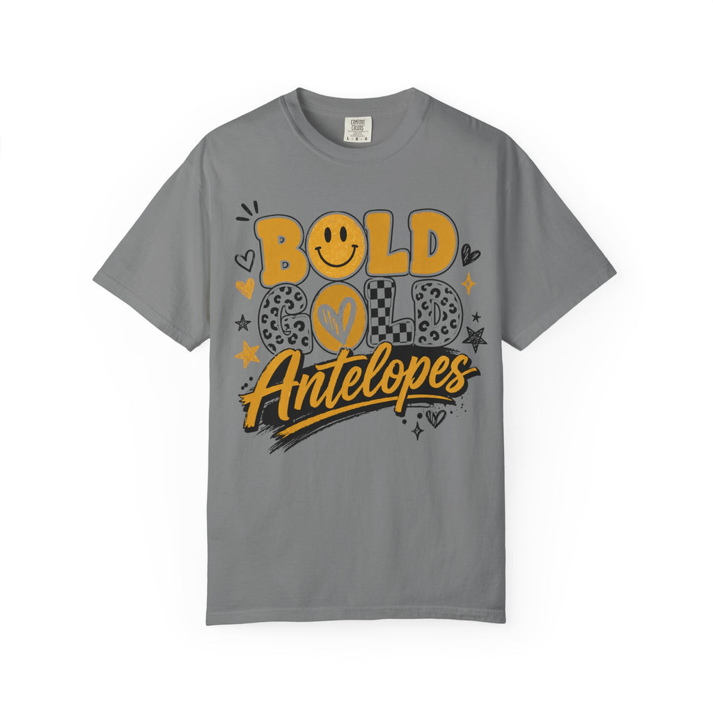 Bold Gold Antelopes Graphic T-Shirt — Cheerful Retro Smile Design