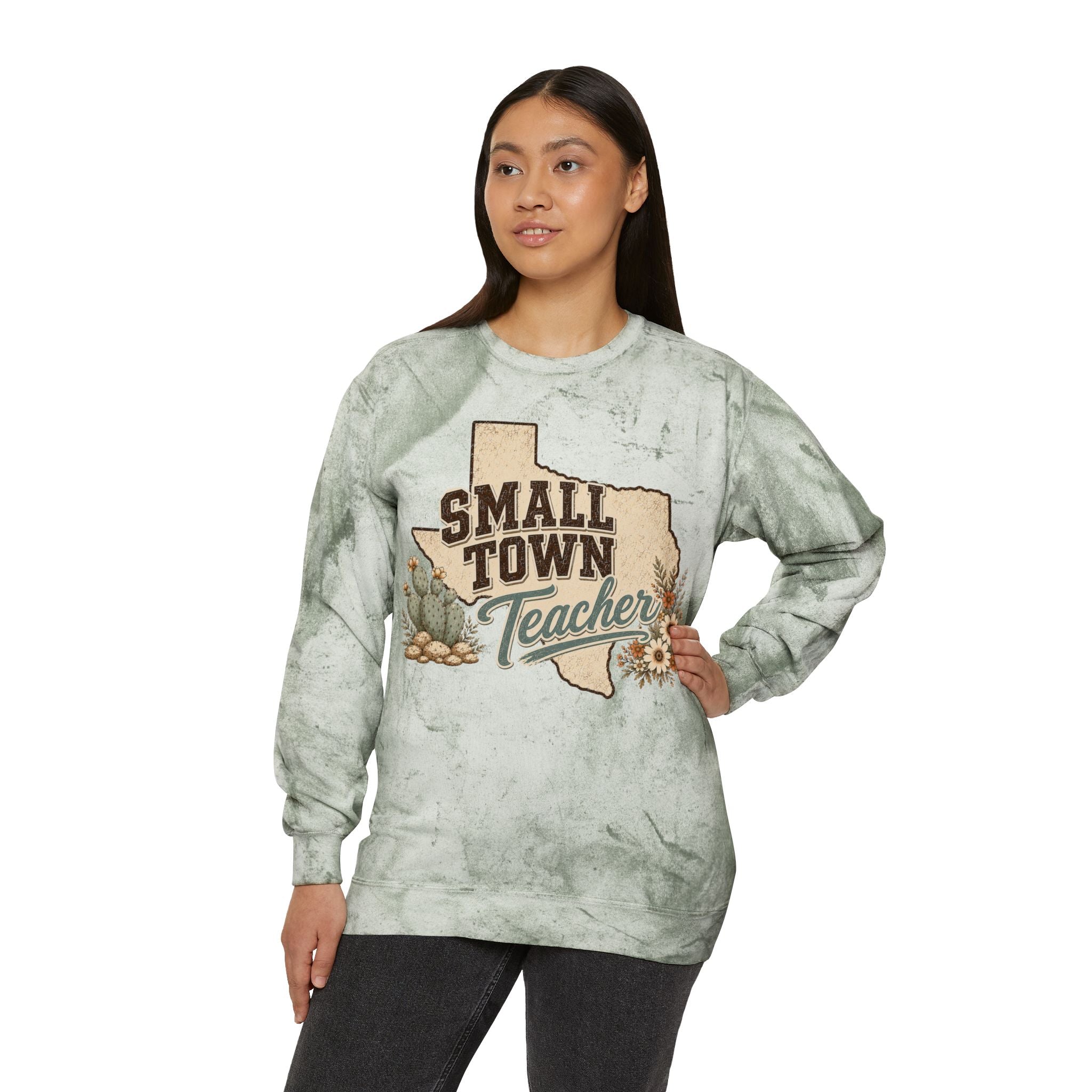 Small Town Teacher Crewneck Sweatshirt — Rustic Texas Floral Teacher Pullover