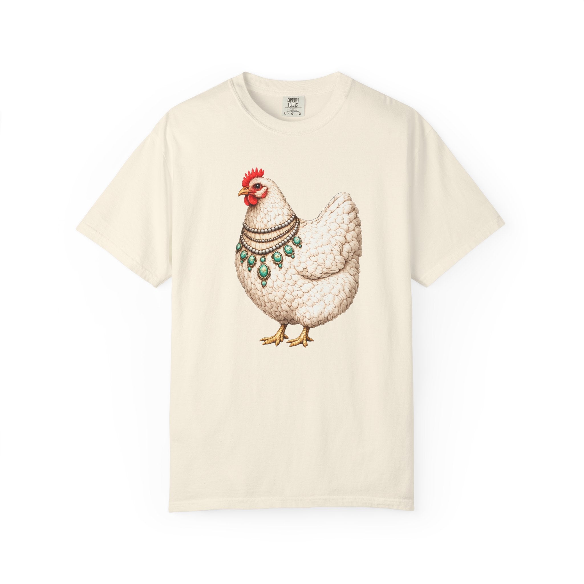 Chicken Illustration T-Shirt — Vintage Hen with Turquoise Necklace Tee