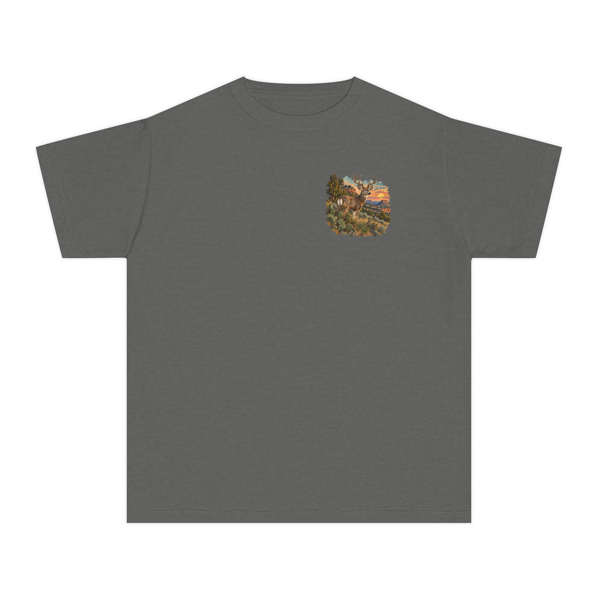 pepper youth Caprock Critters mule deer tee with front and back West Texas sunset artwork.