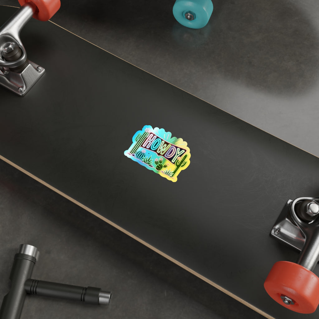 Holographic "Howdy" Die-Cut Sticker — Neon Cactus Hologram