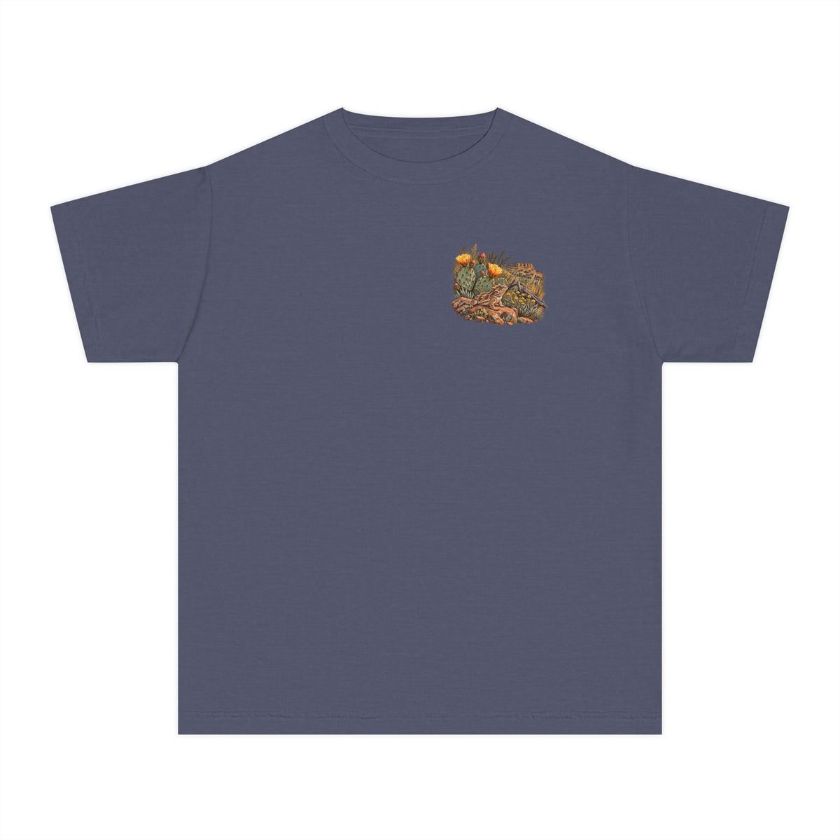 denim youth Caprock Critters horny toad tee with front and back West Texas cactus artwork