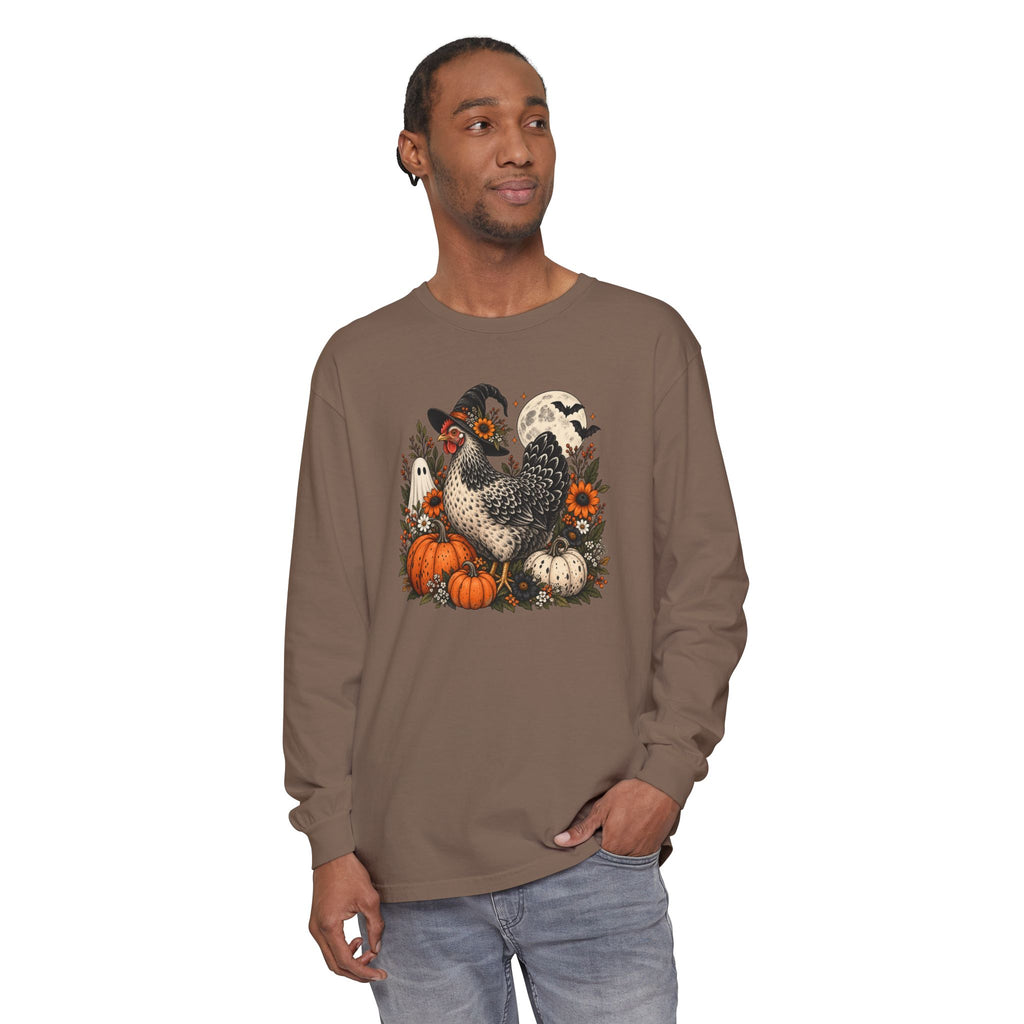 Halloween Chicken Tee — Witch Hat Chicken with Pumpkins & Ghosts Long Sleeve Shirt