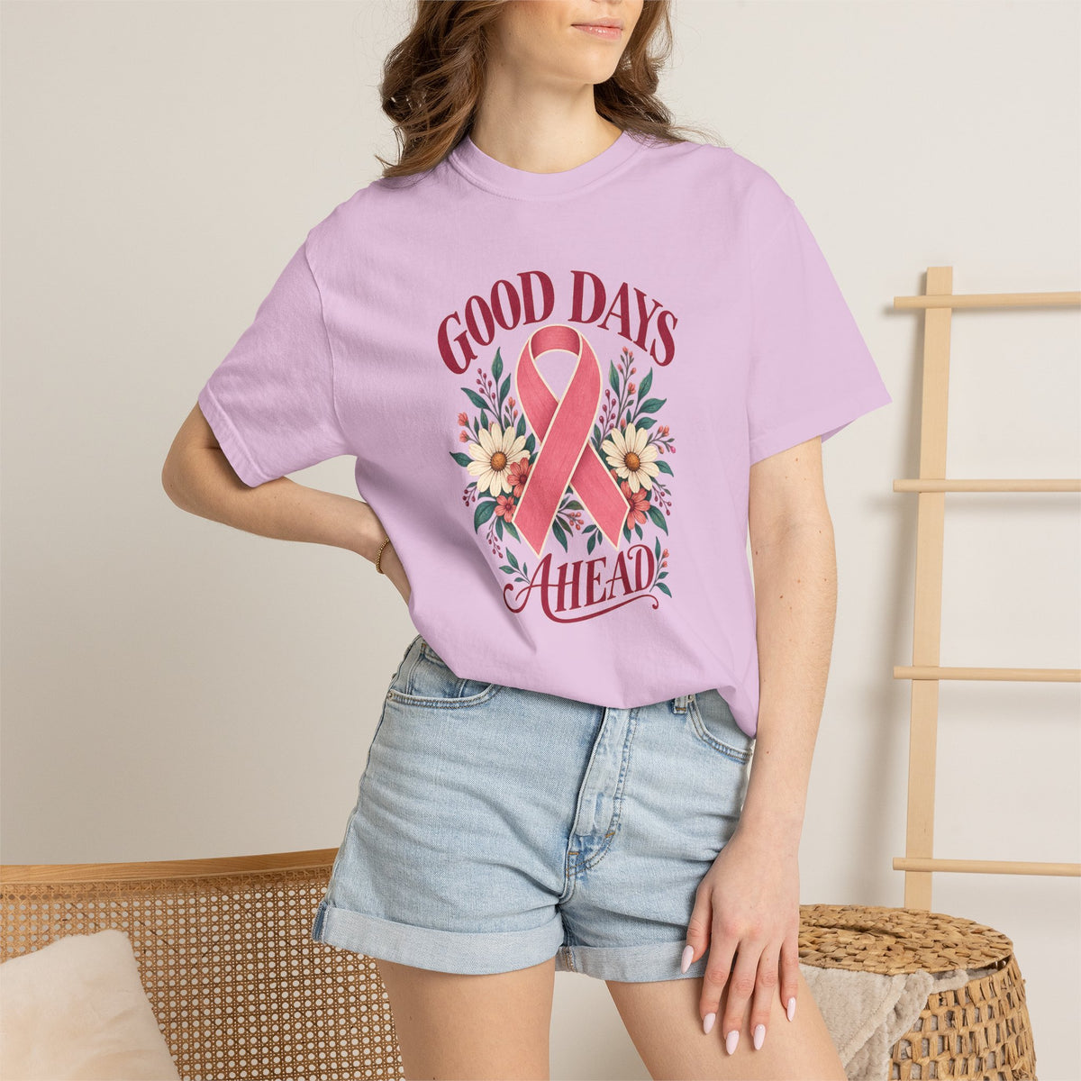 Breast Cancer Awareness T-Shirt — "Good Days Ahead" Ribbon Floral Tee