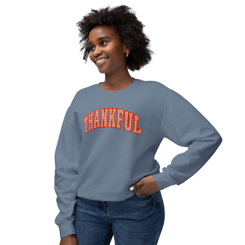 Thankful Plaid Crewneck Sweatshirt — Cozy Thanksgiving Graphic Sweatshirt