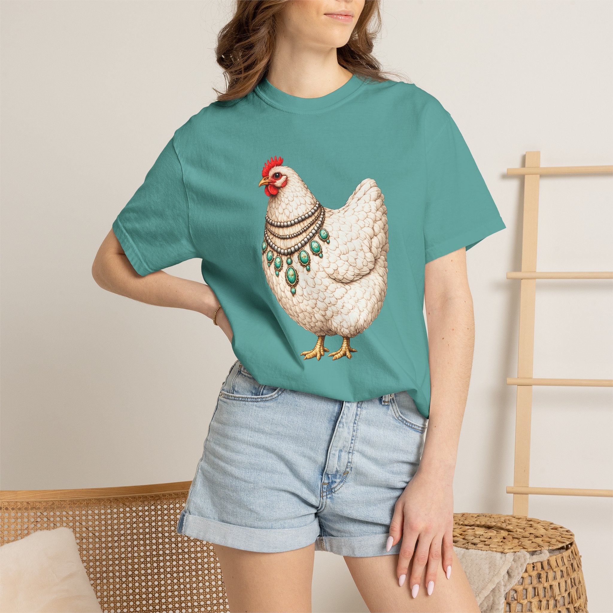 Chicken Illustration T-Shirt — Vintage Hen with Turquoise Necklace Tee