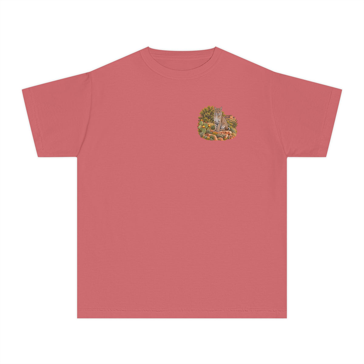 Youth Caprock Critters bobcat tee with small front design and large West Texas wildlife artwork on the back