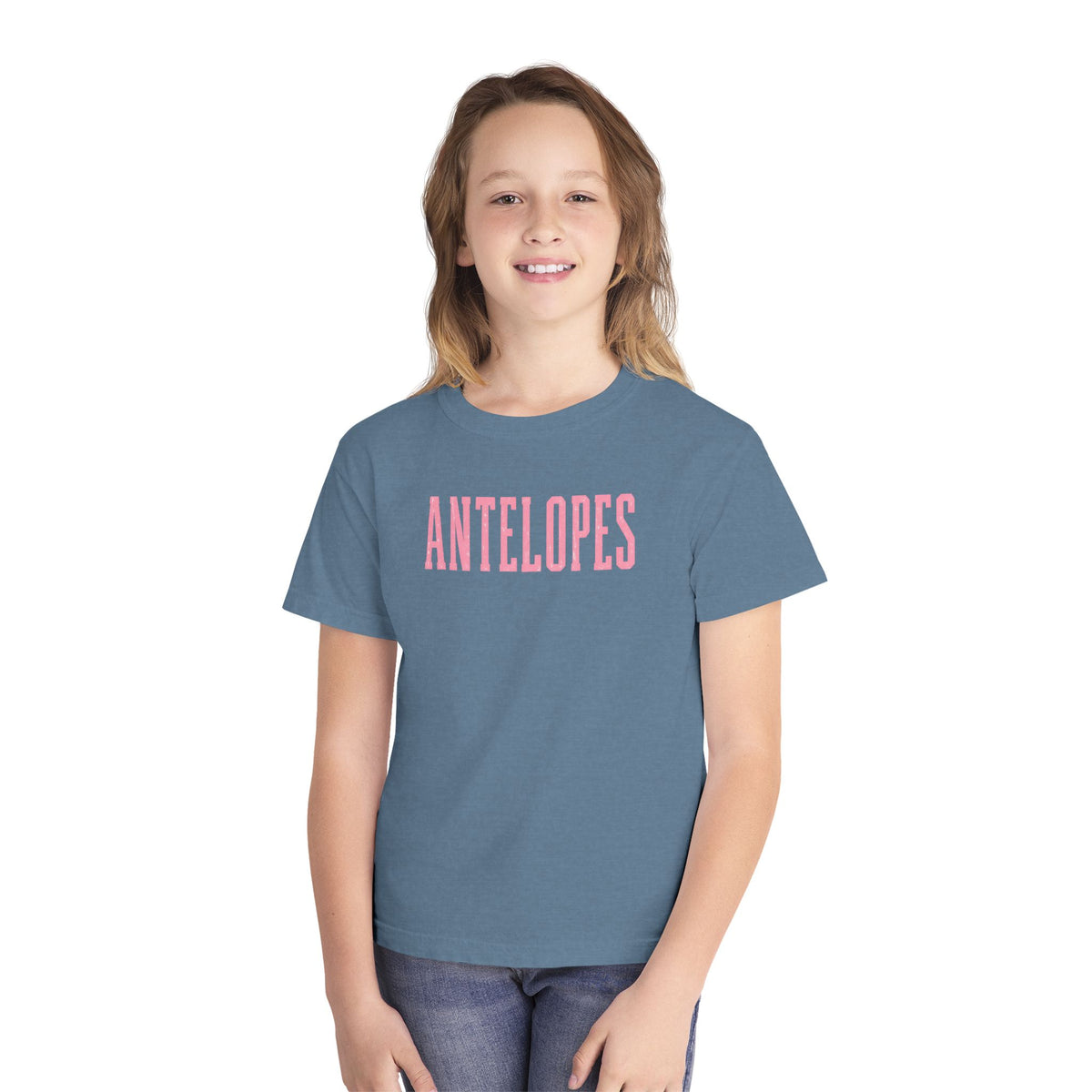 Youth Tee – 'Antelopes' Pink Lettering Charcoal Kids Shirt