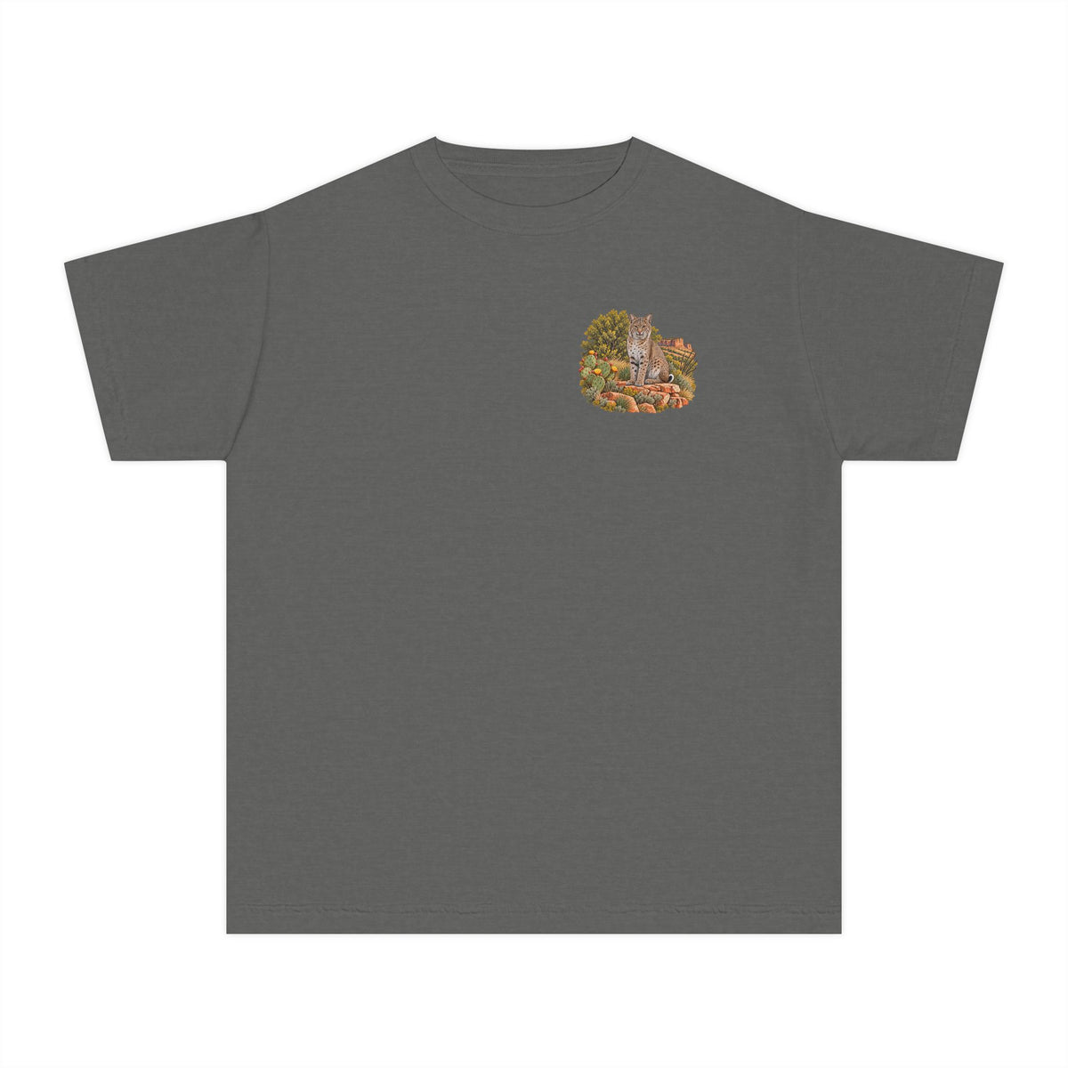 Youth Caprock Critters bobcat tee with small front design and large West Texas wildlife artwork on the back