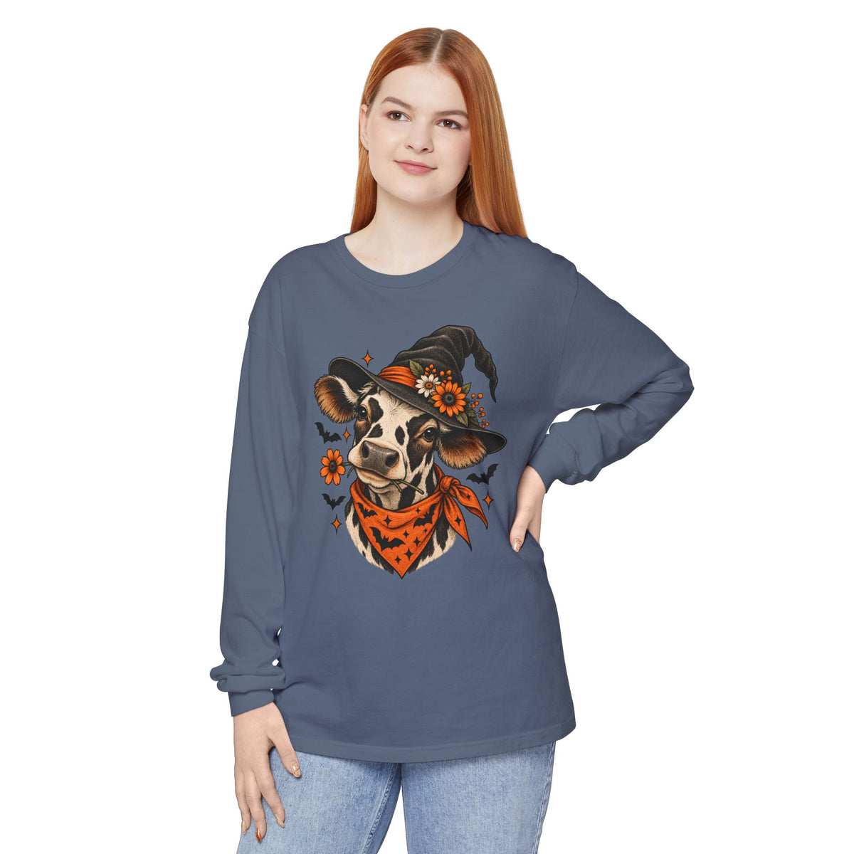 Halloween Witch Cow Long Sleeve Tee — Witchy Cow with Bats & Autumn Florals