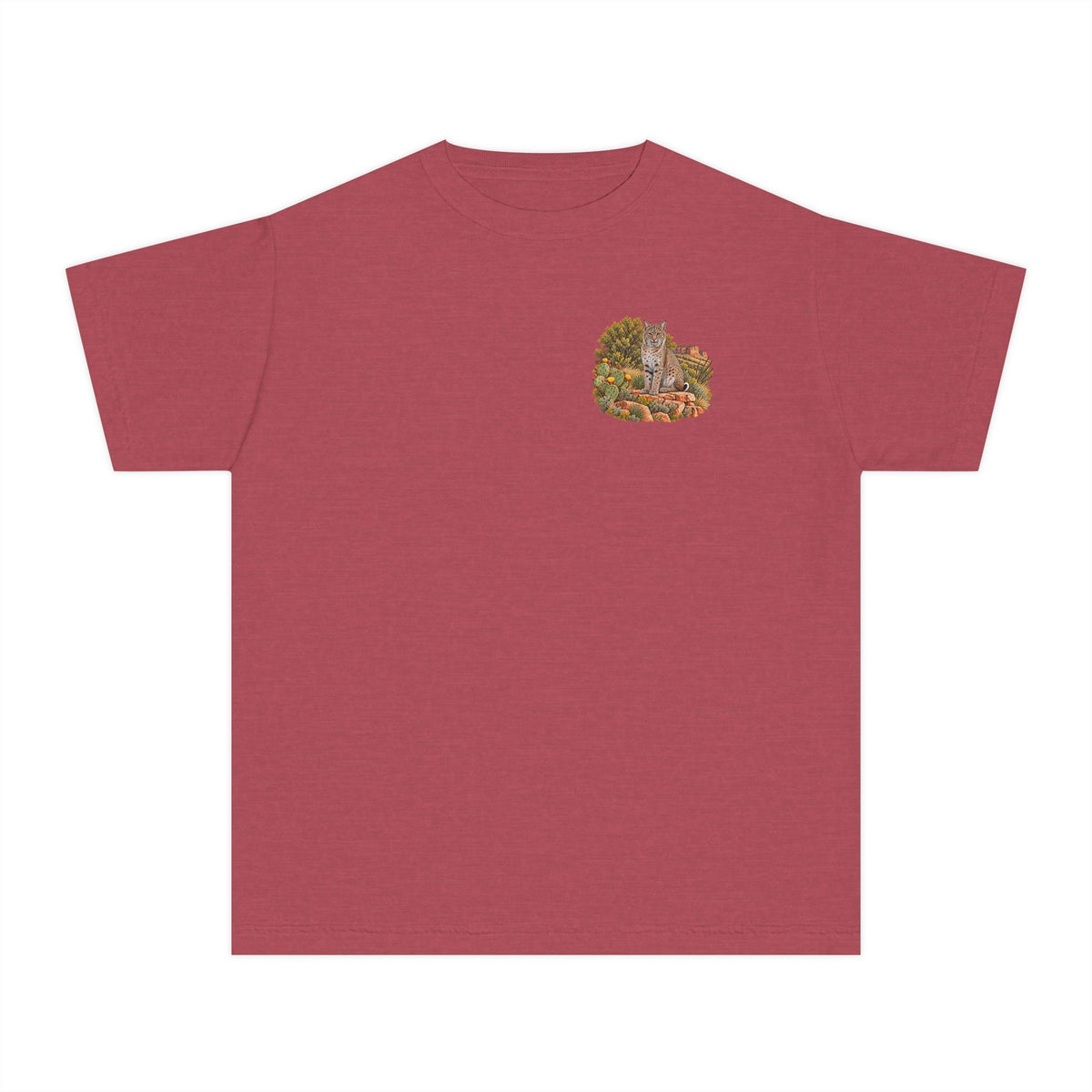 Youth Caprock Critters bobcat tee with small front design and large West Texas wildlife artwork on the back