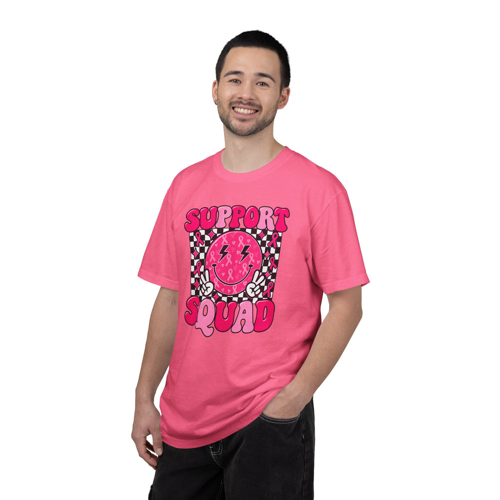 Support Squad T-Shirt — Pink Smiley Checkerboard Graphic Tee