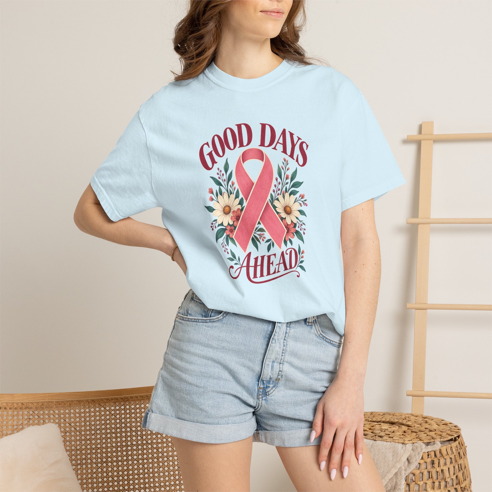 Breast Cancer Awareness T-Shirt — "Good Days Ahead" Ribbon Floral Tee