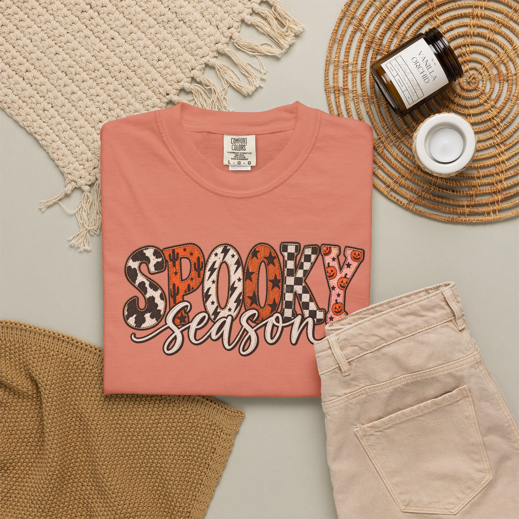 Spooky Season T-Shirt — Halloween Graphic Tee with Leopard & Pumpkin Print