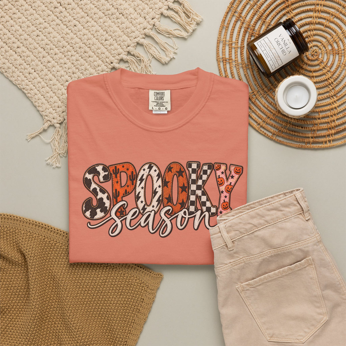 Spooky Season T-Shirt — Halloween Graphic Tee with Leopard & Pumpkin Print