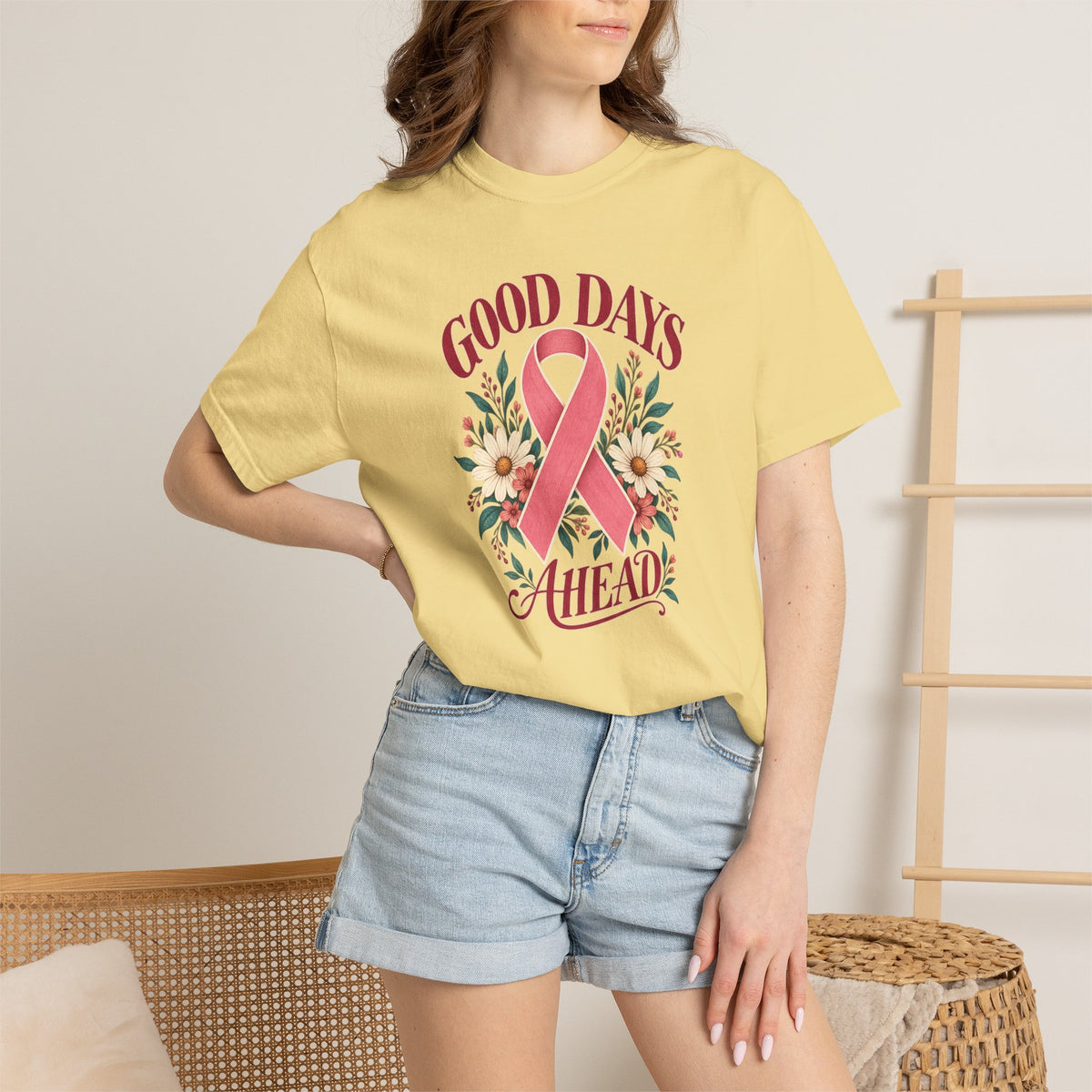 Breast Cancer Awareness T-Shirt — "Good Days Ahead" Ribbon Floral Tee