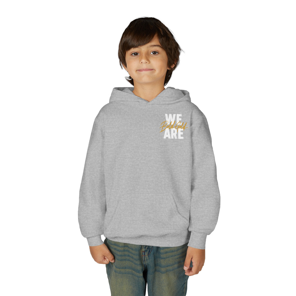 Youth Hoodie — “WE ARE” Bold Gold Script Team Pullover