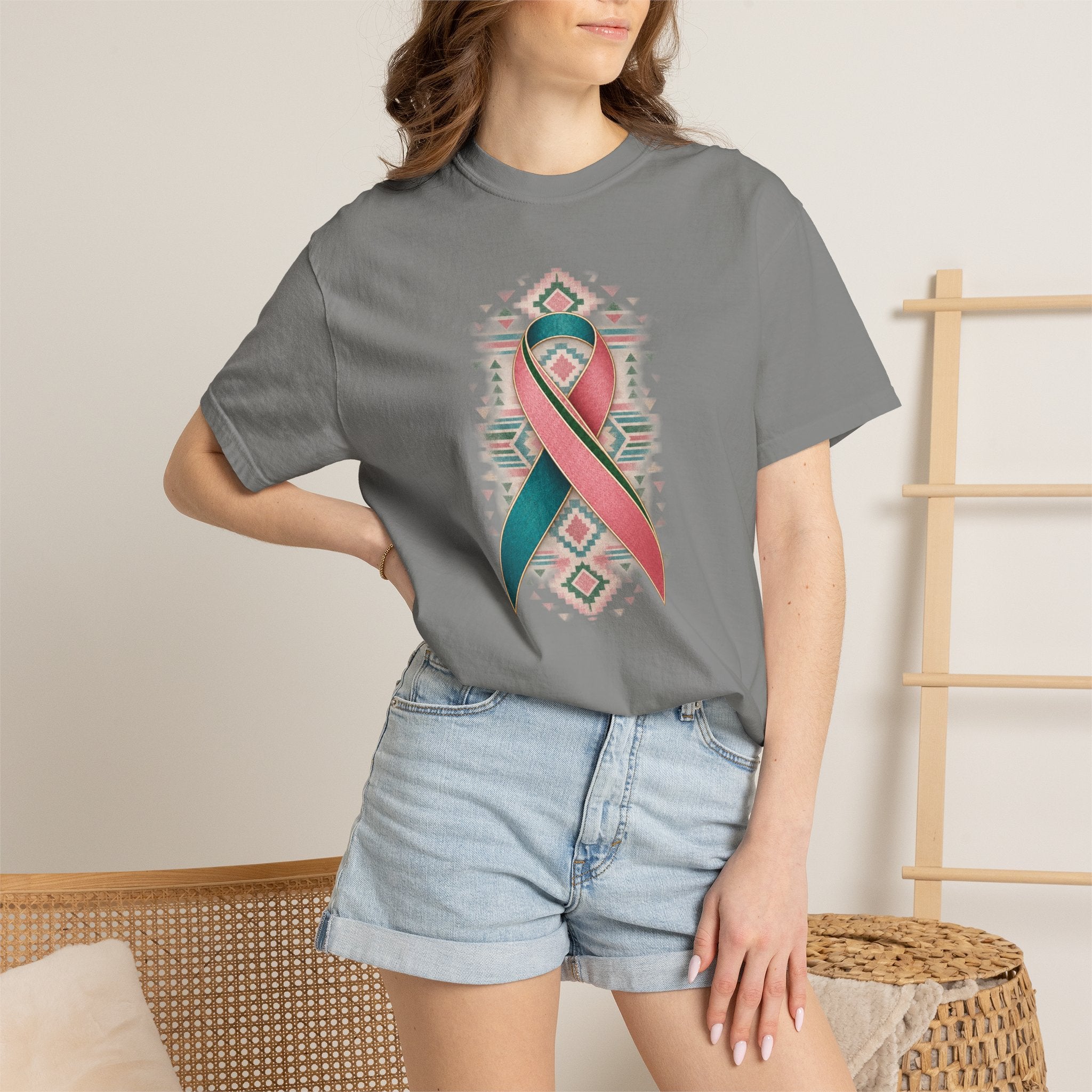 Metastatic Breast Cancer Awareness Ribbon Tee — Desert Aztec Teal & pink  Support Shirt