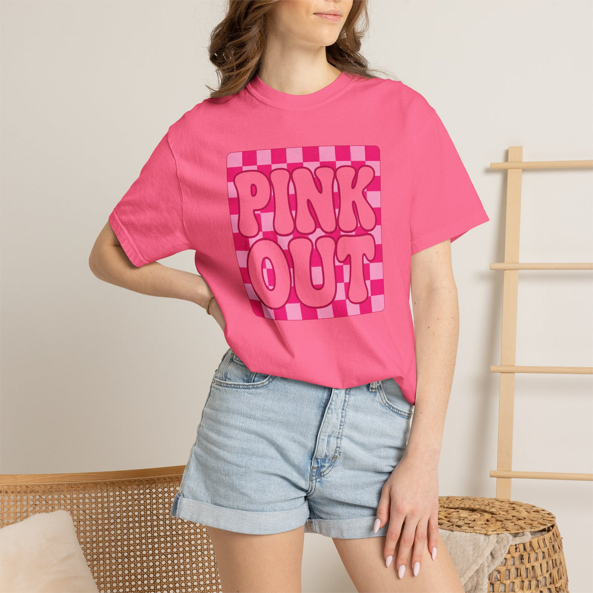 Pink Out Checkerboard T-Shirt — Retro Bubble Letter Graphic Tee
