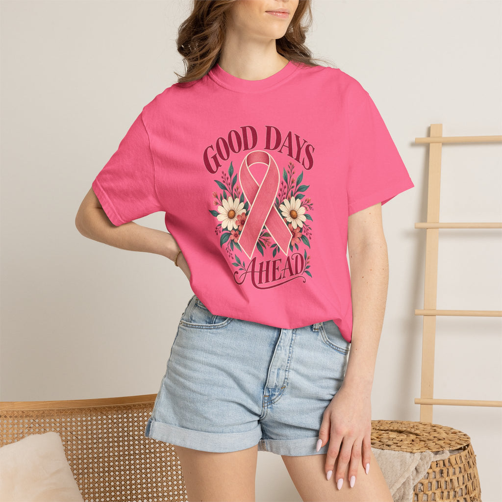 Breast Cancer Awareness T-Shirt — "Good Days Ahead" Ribbon Floral Tee