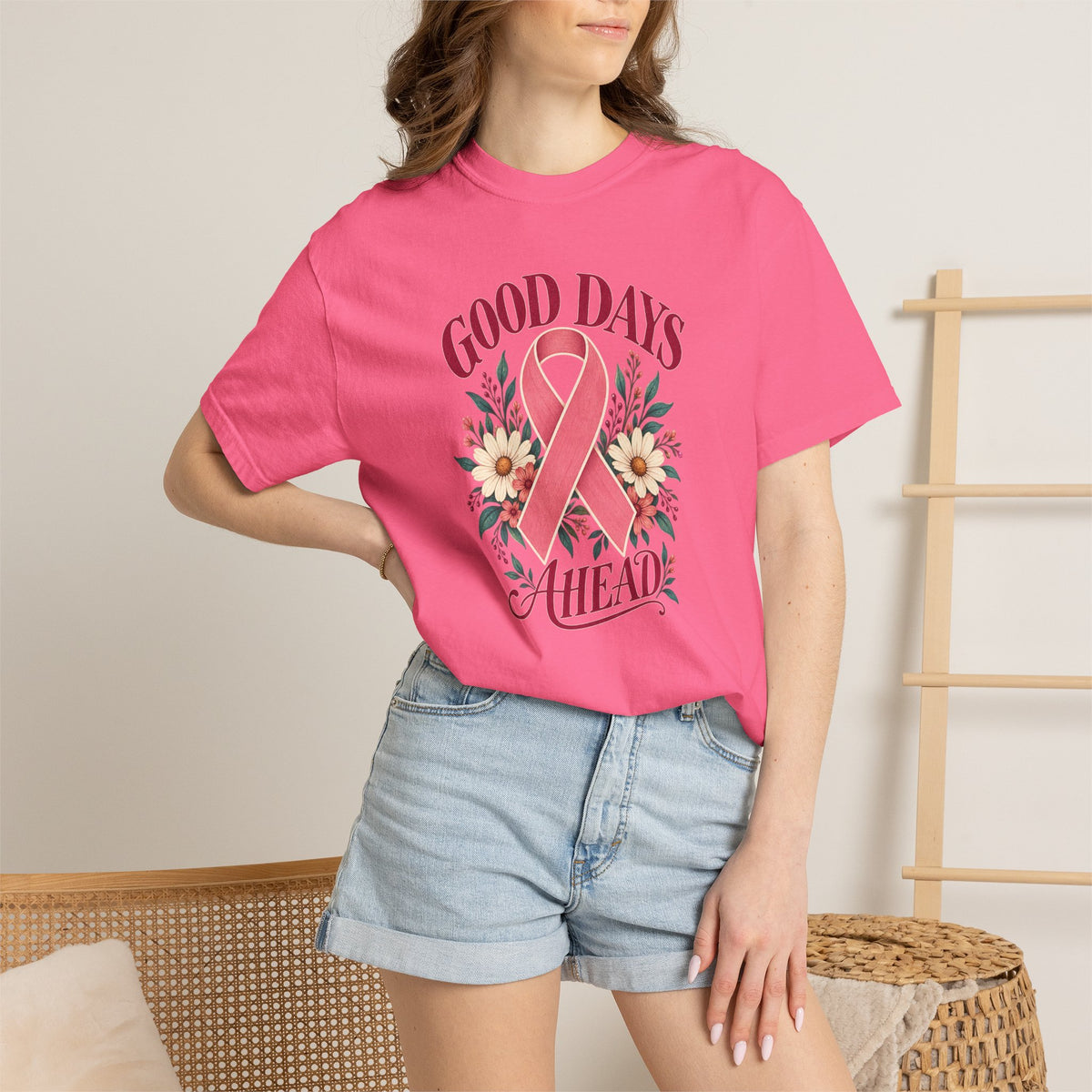 Breast Cancer Awareness T-Shirt — "Good Days Ahead" Ribbon Floral Tee