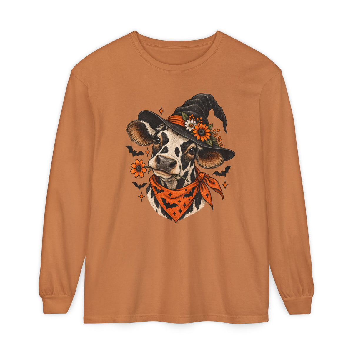Halloween Witch Cow Long Sleeve Tee — Witchy Cow with Bats & Autumn Florals