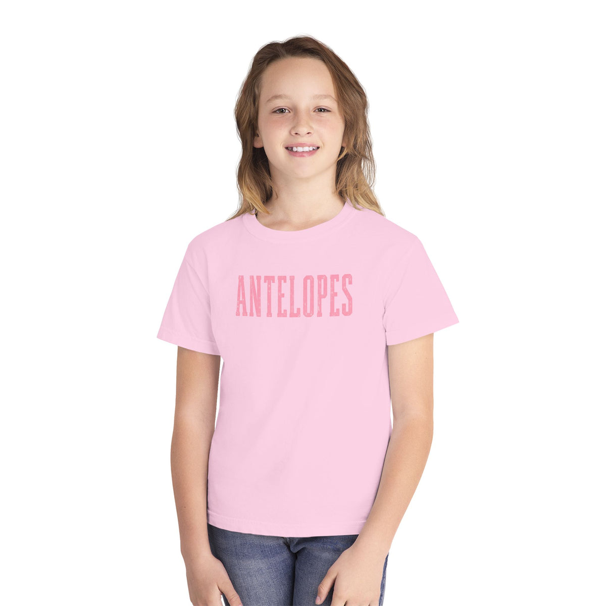 Youth Tee – 'Antelopes' Pink Lettering Charcoal Kids Shirt