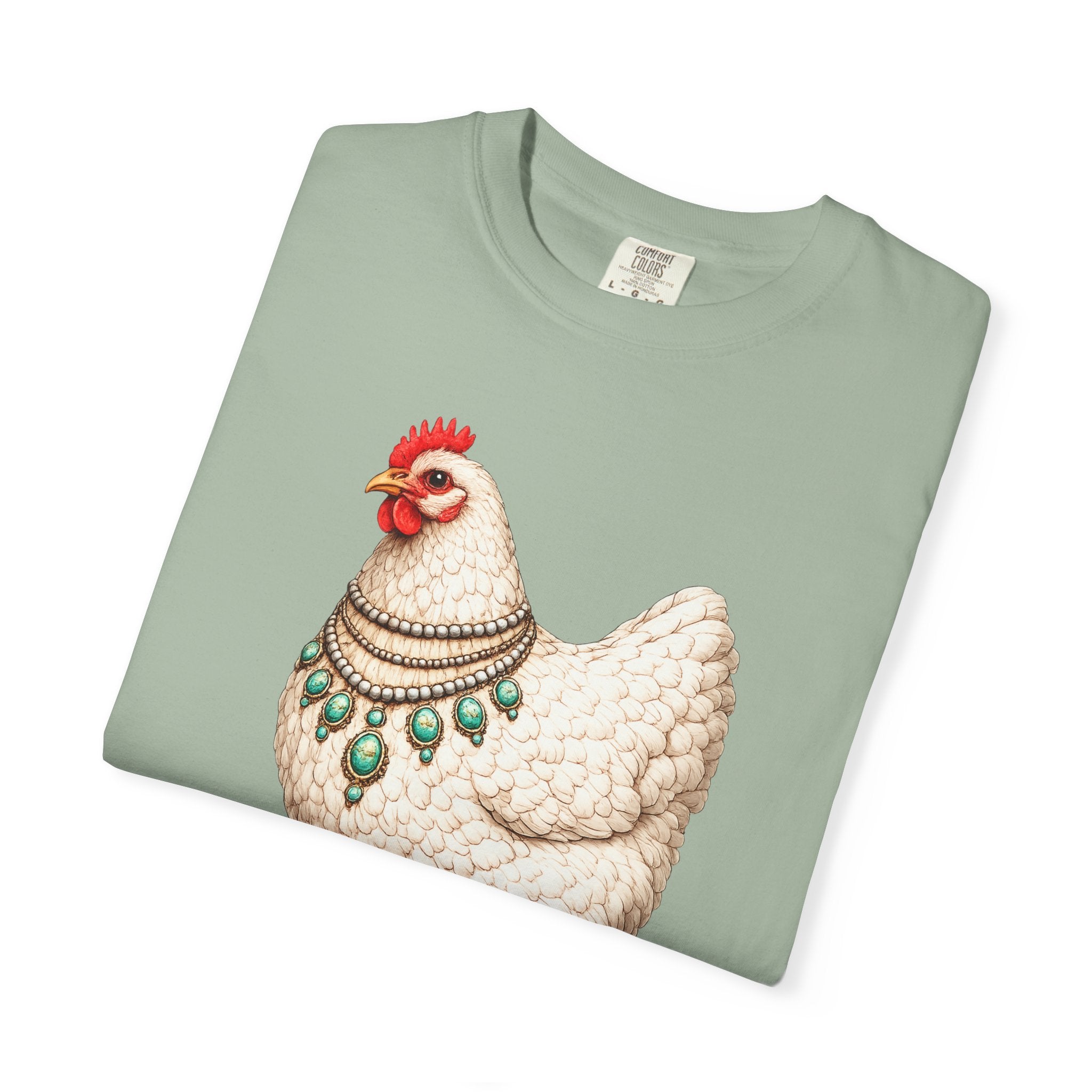 Chicken Illustration T-Shirt — Vintage Hen with Turquoise Necklace Tee