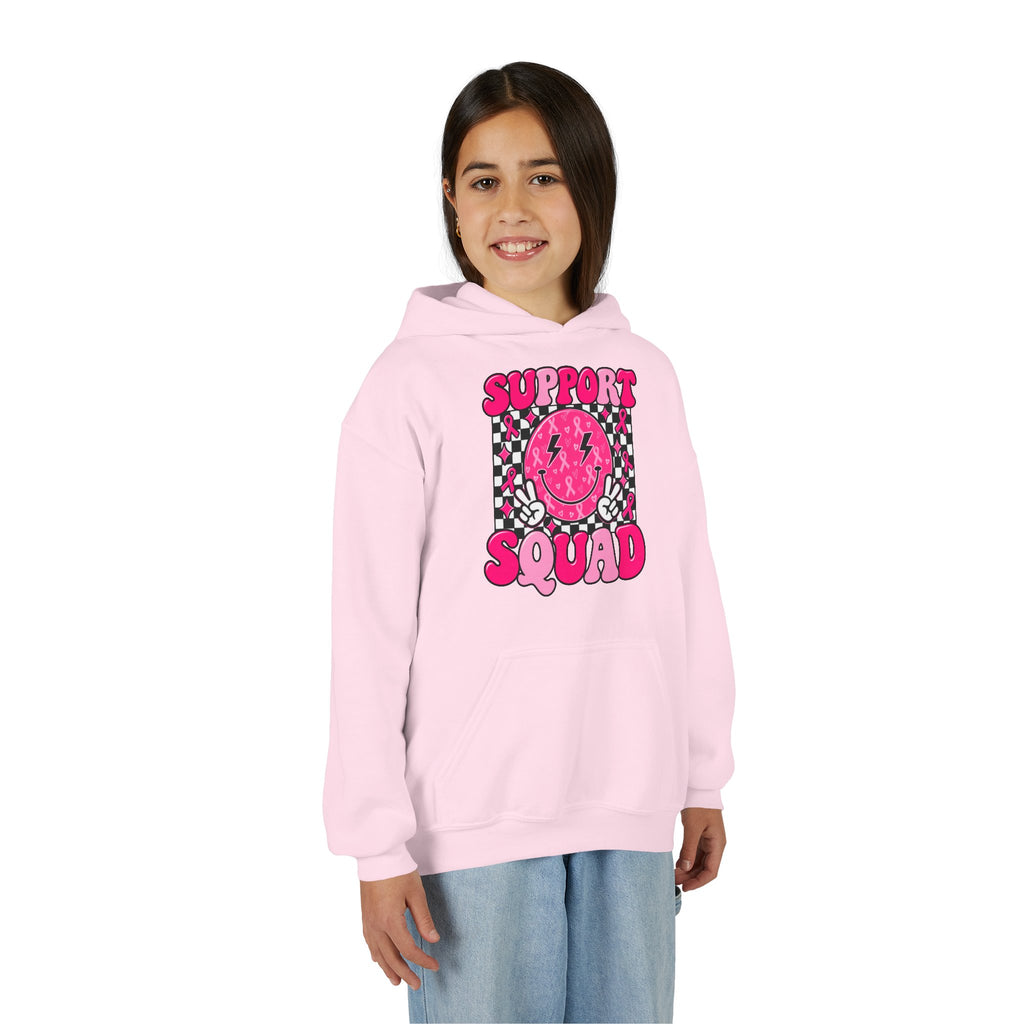 Support Squad Youth Hoodie — Pink Smiley Checkerboard Graphic