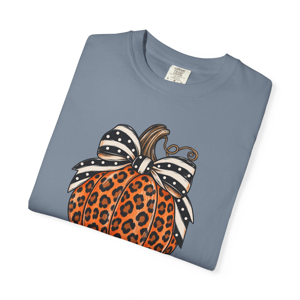 Leopard Pumpkin T-Shirt — Autumn Pumpkin Graphic Tee with Polka Dot Bow