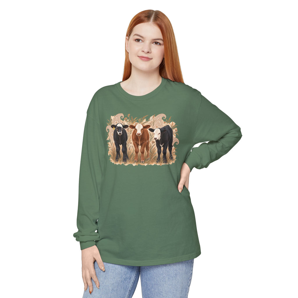 Cow Trio Long Sleeve Shirt — Rustic Farm Animal Tee for Ranch Lovers